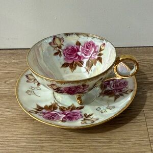Floral Teacup and Saucer with Gold Accents